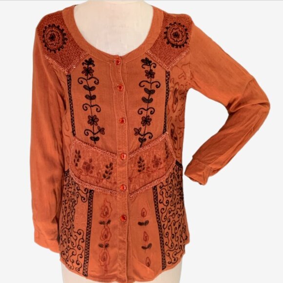 Select Boutique BOHO Embroidered Button Front Tunic Top S/M Rust Brown 87E - Picture 2 of 6